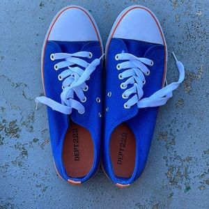 Orange and blue tennis shoes
